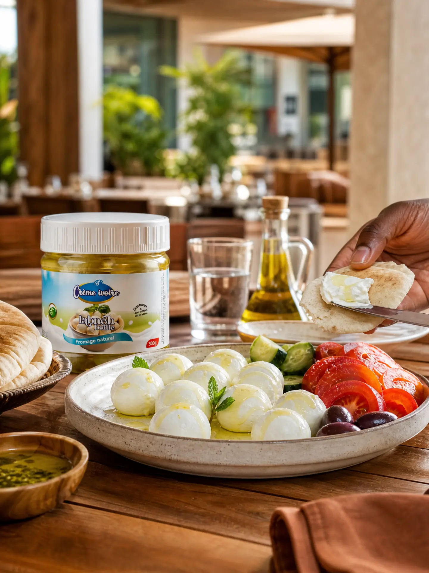 Pot de Labneh boule Crème Ivoire et assiette de boules de labneh à l'huile d'olive