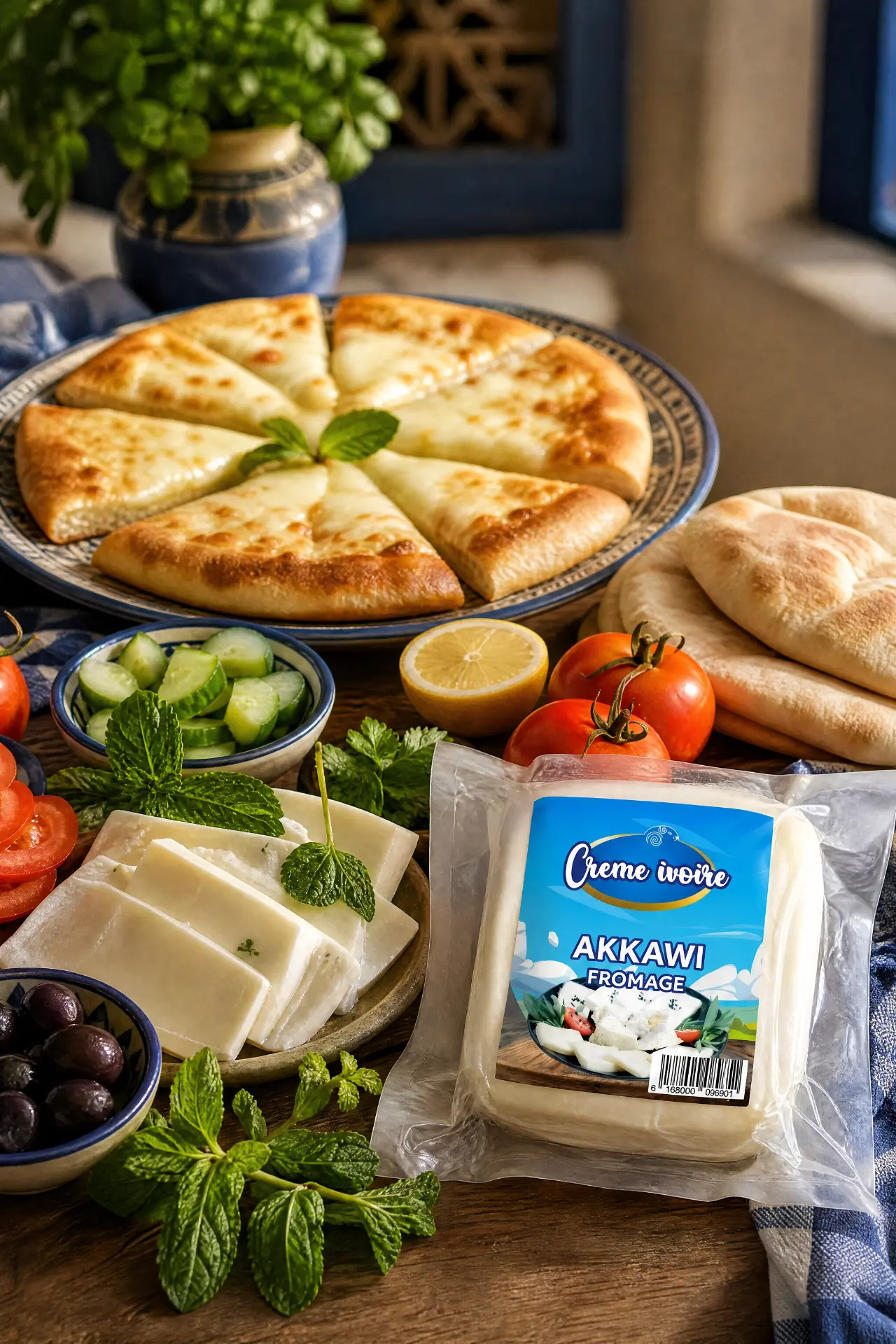 Sachet d'Akkawi Crème Ivoire avec tranches de fromage, pain libanais et légumes frais
