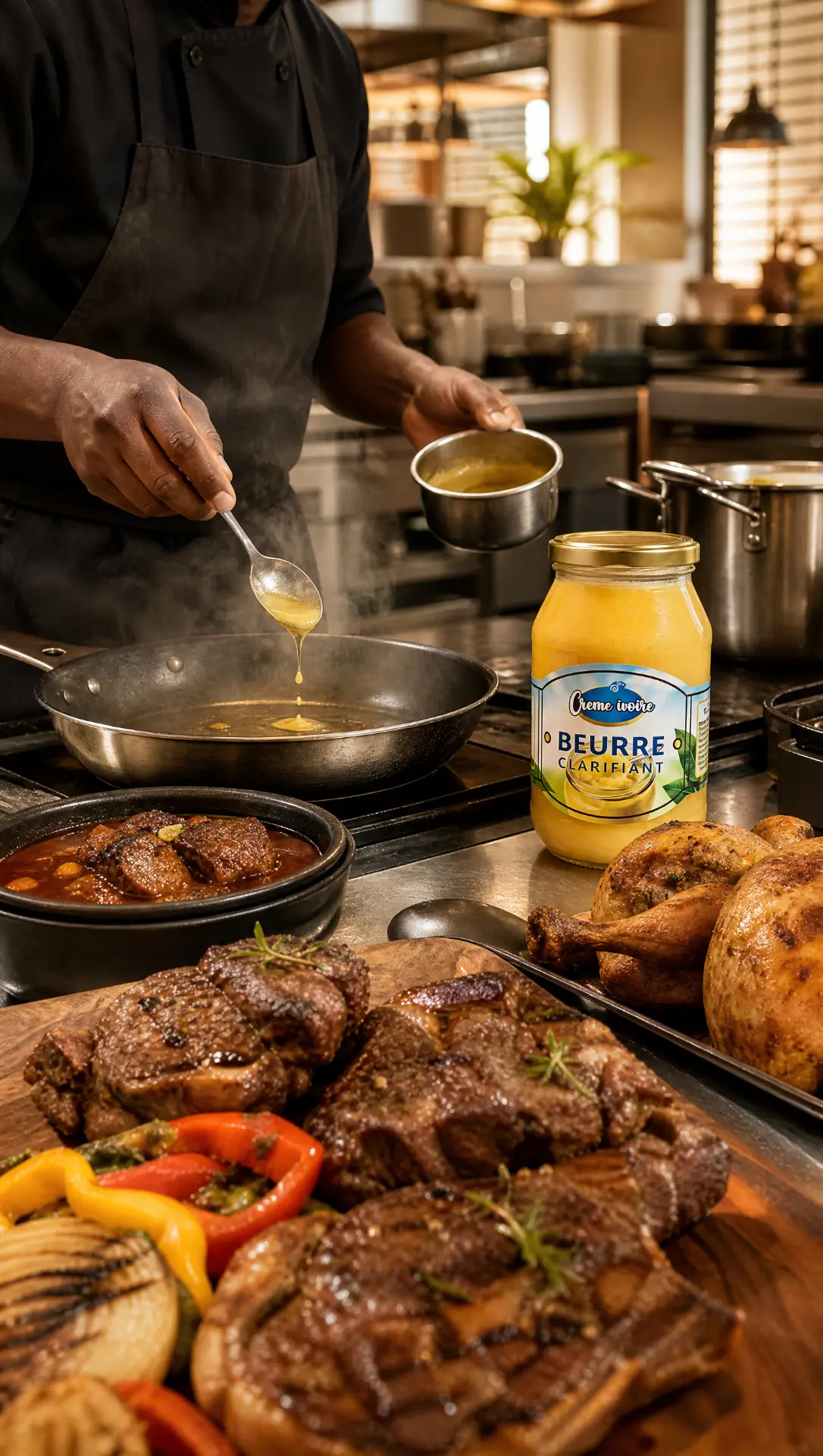 Bocal de Beurre Clarifiant Crème Ivoire en cuisine avec viandes saisies