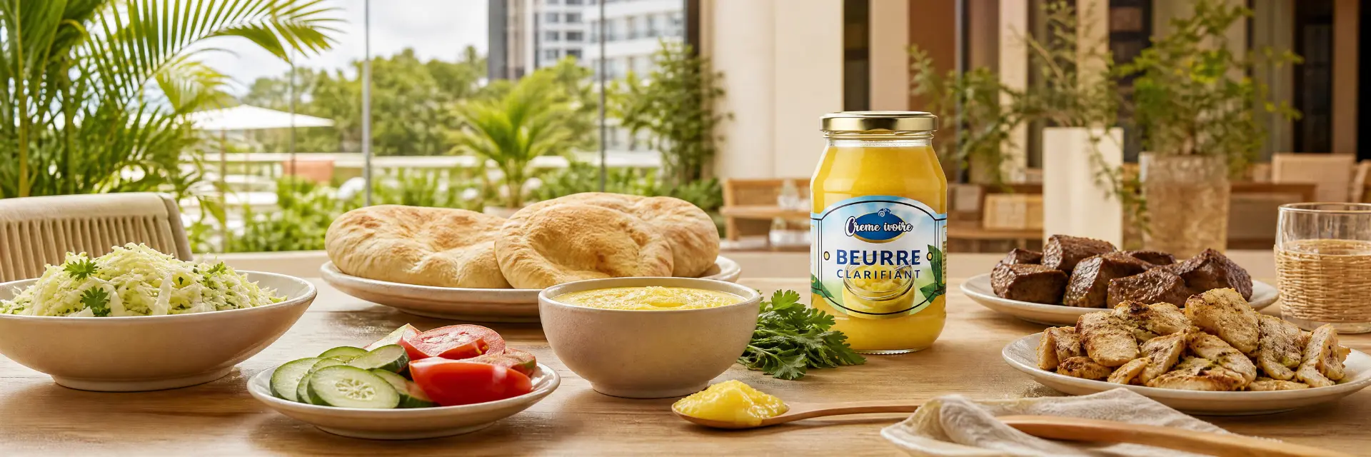 Bocal de beurre clarifiant Crème Ivoire sur une table