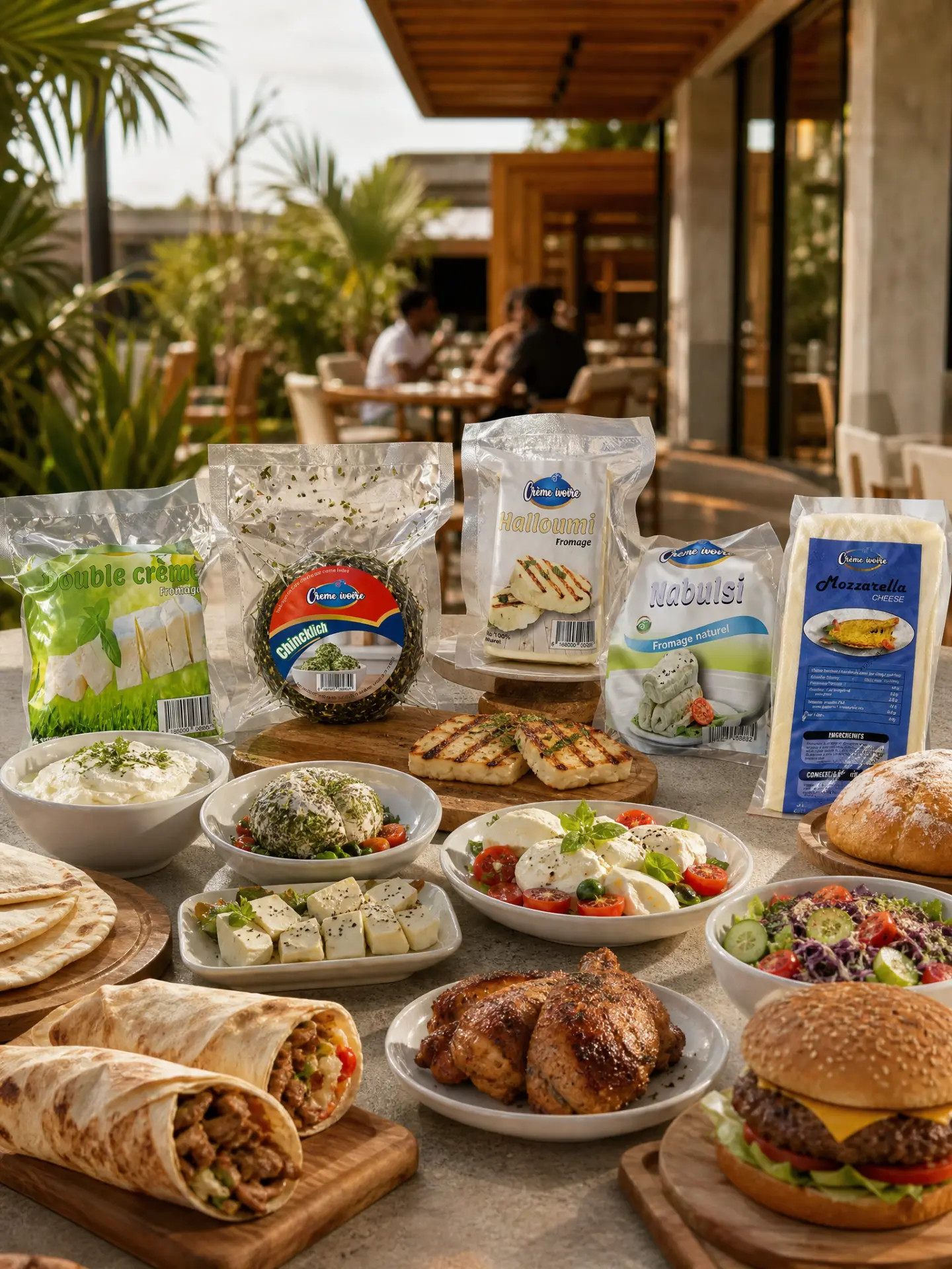 Table dressée avec les fromages Crème Ivoire, grillades, wraps et salades