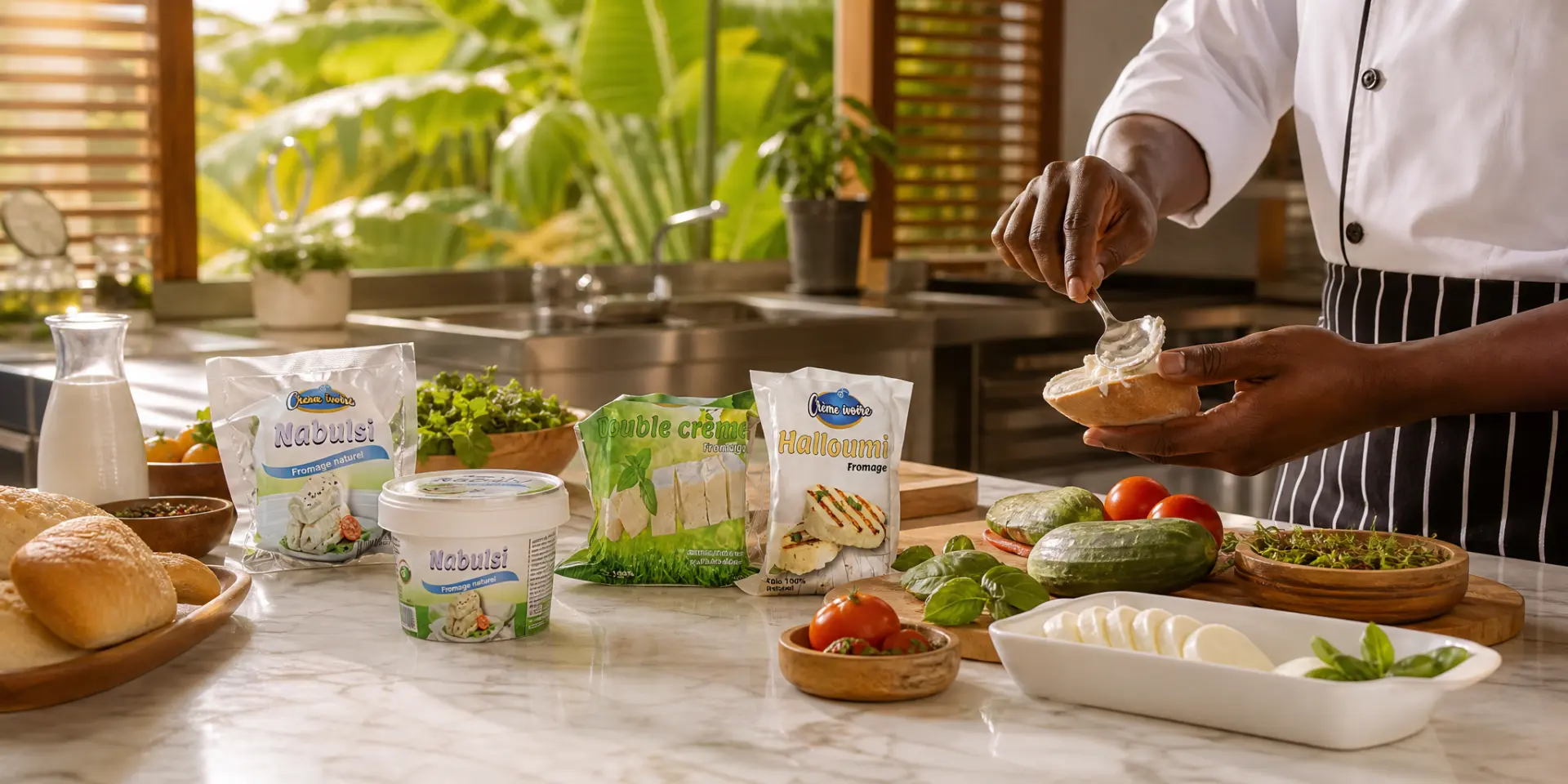 Chef préparant du fromage frais Crème Ivoire en cuisine