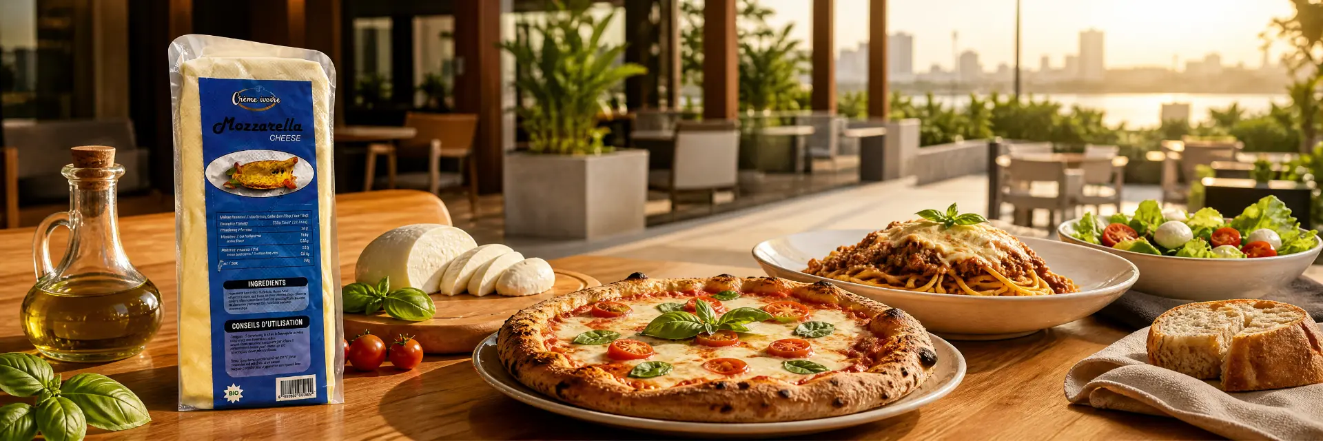 Sachet de Mozzarella Crème Ivoire à côté d'une pizza margherita