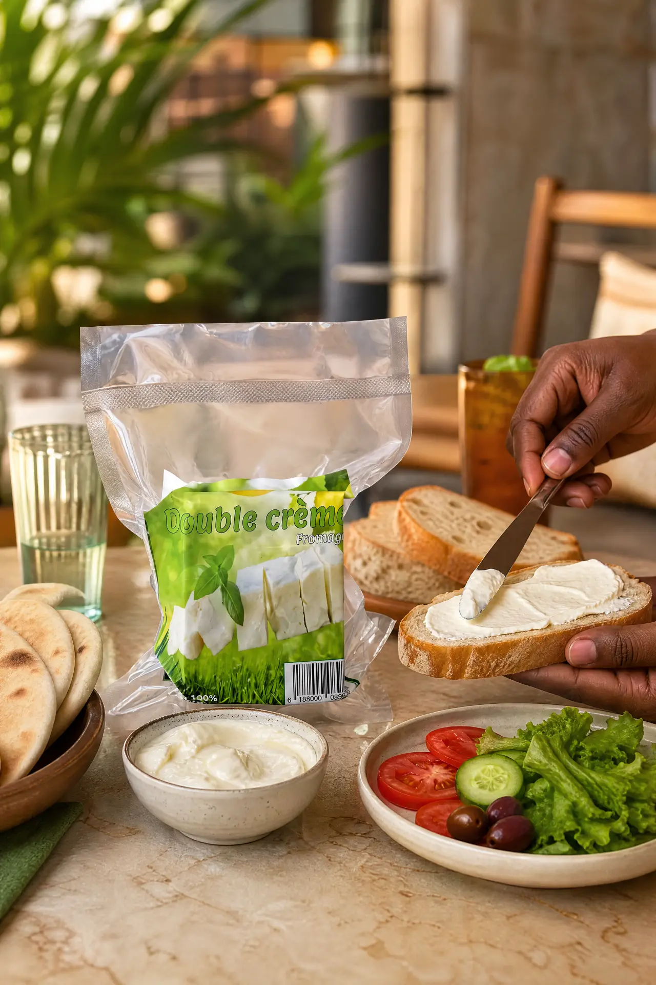 Sachet Double Crème Crème Ivoire et tartine de fromage frais sur pain de campagne