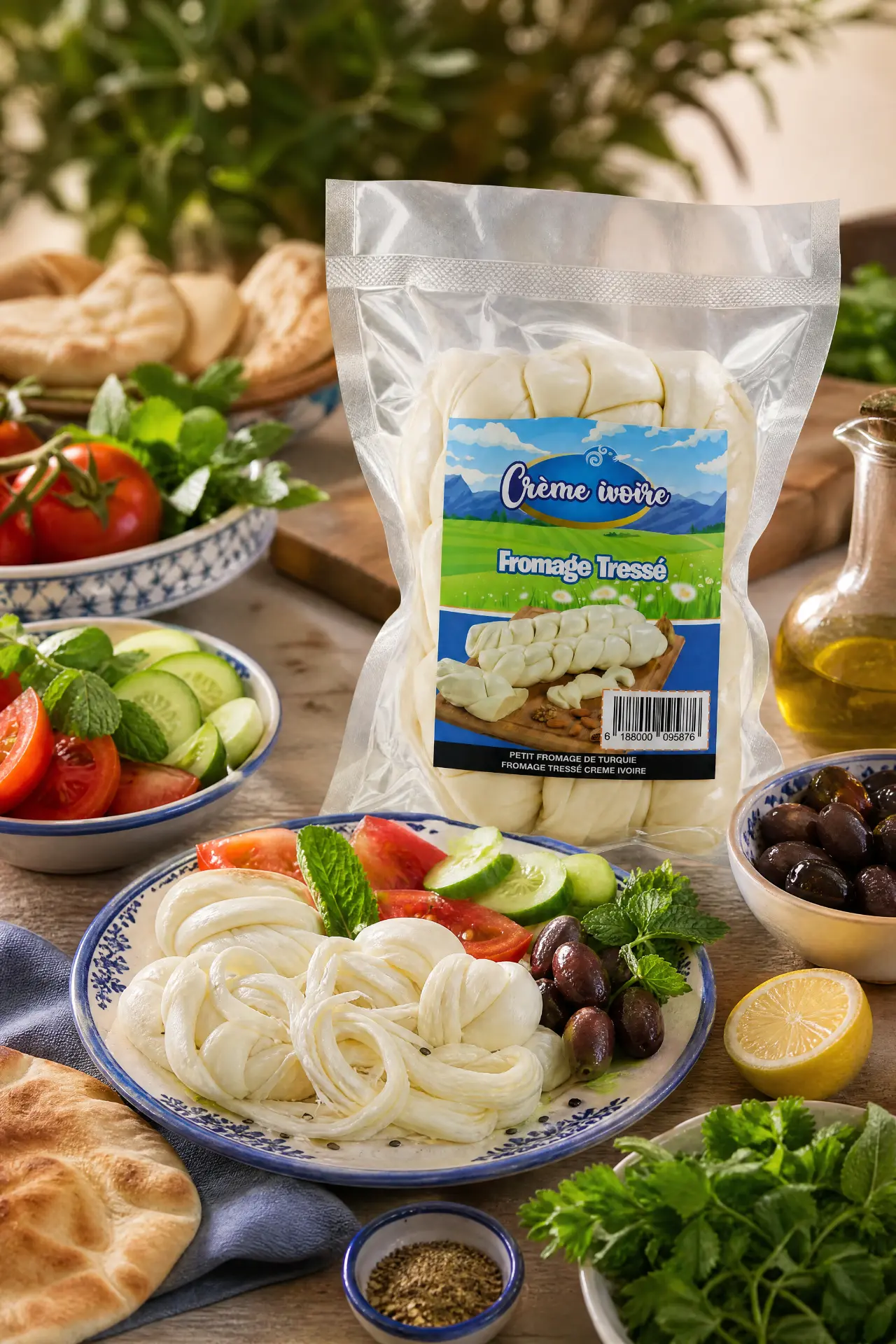 Sachet de Fromage Tressé Crème Ivoire et assiette de fromage tressé avec olives et tomates