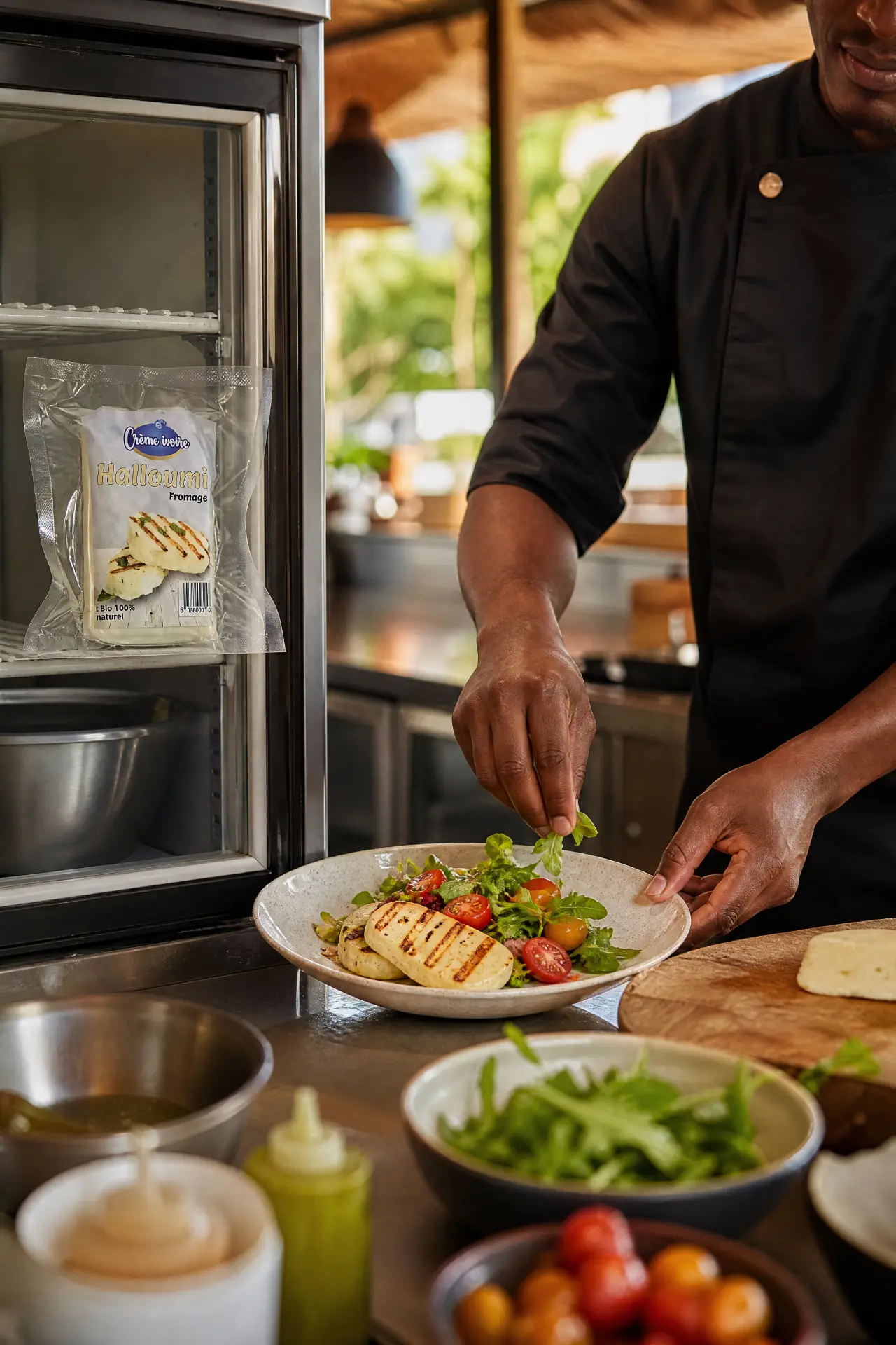 Chef dressant une assiette de Halloumi Crème Ivoire grillé avec roquette et tomates