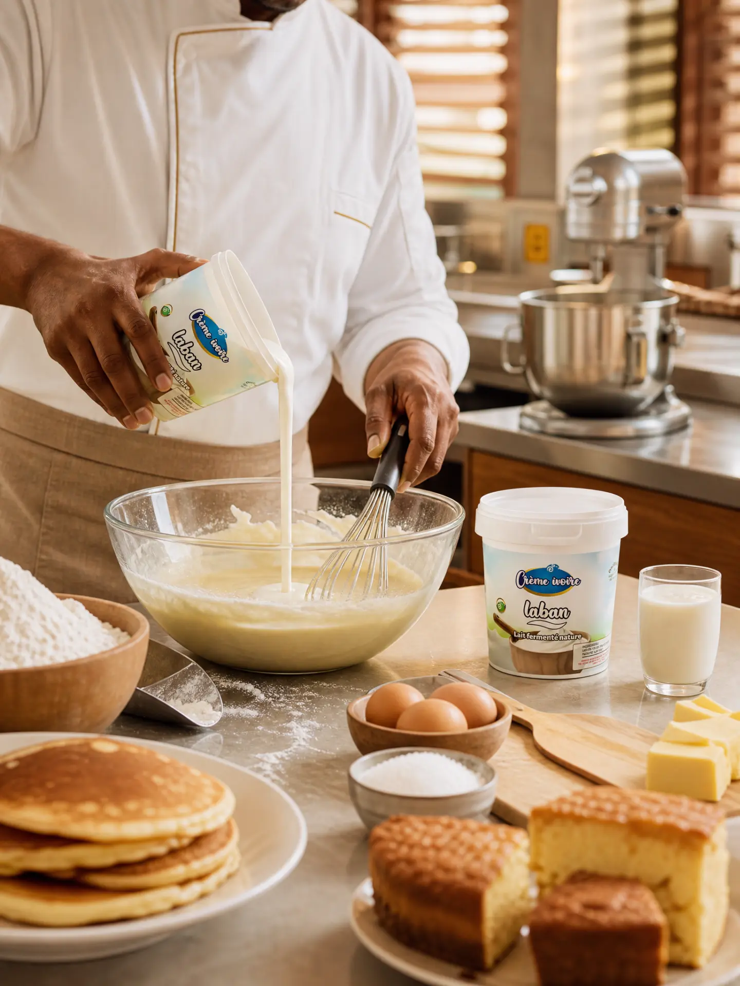 Chef versant du Laban Crème Ivoire dans une préparation de pâte à pancakes