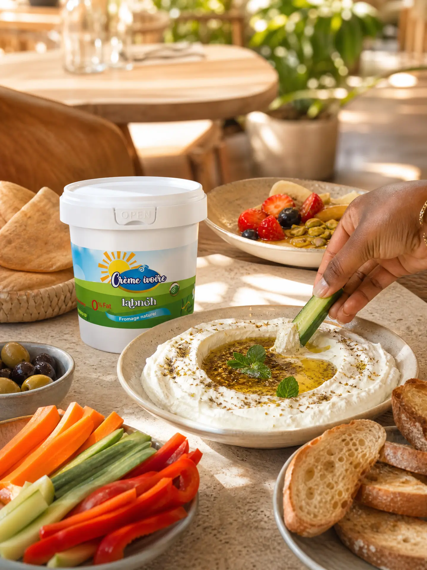 Seau de Labneh 0% Fat Crème Ivoire avec assiette de labneh, crudités et pain grillé