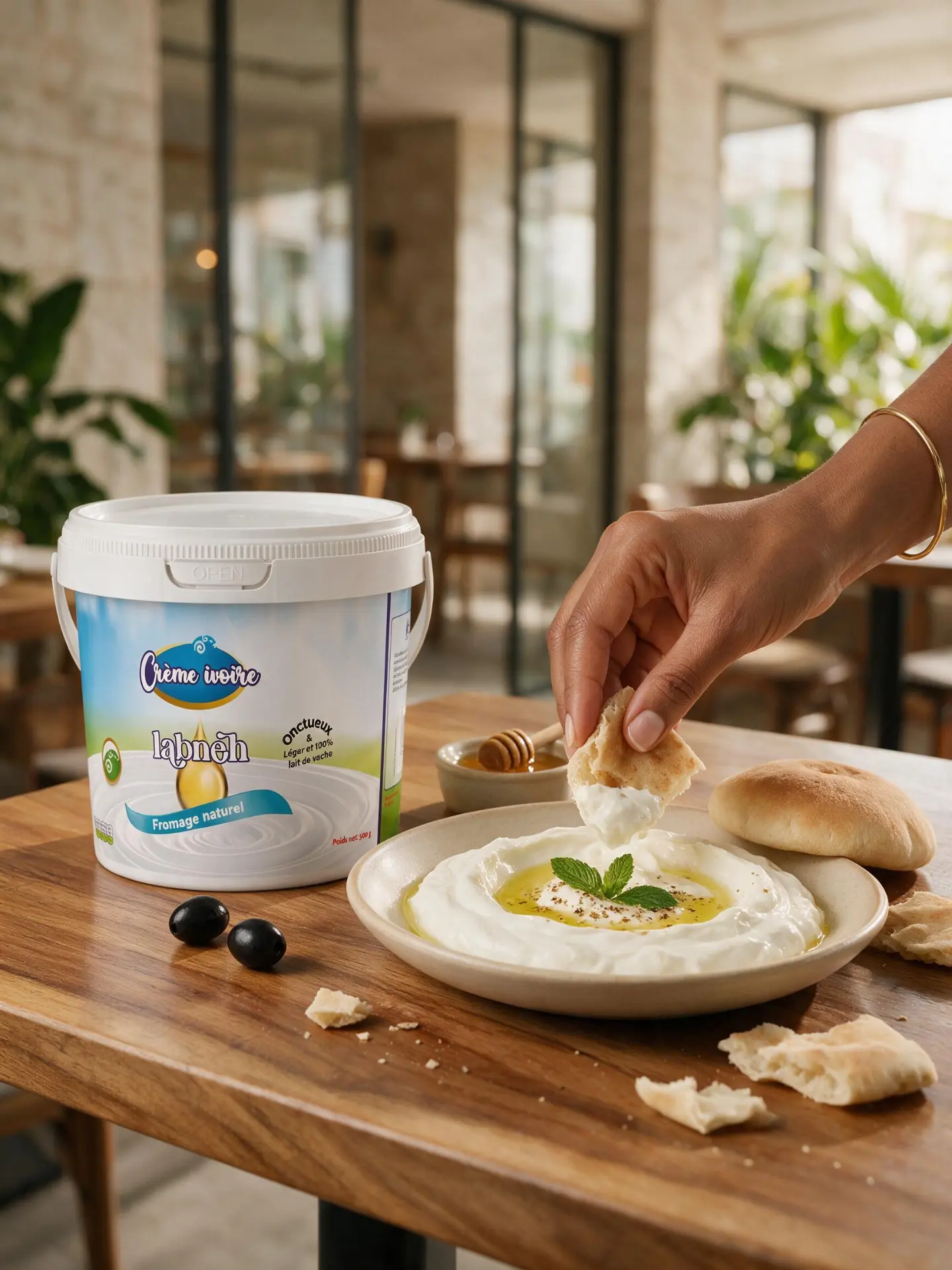 Seau de Labneh Crème Ivoire et assiette de labneh à l'huile d'olive avec pain libanais