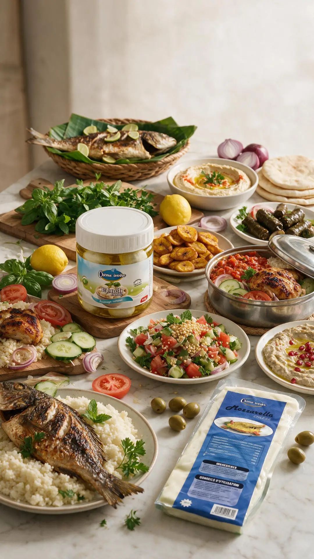 Sachet de Mozzarella Crème Ivoire sur une table de mezzés et de poissons grillés