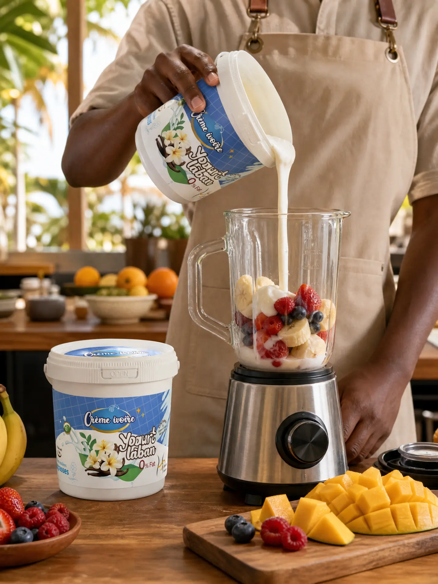 Yaourt Laban 0% Fat Crème Ivoire versé dans un blender avec des fruits frais